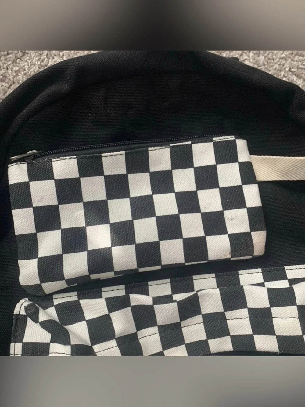 Black Backpack with Checkerboard Front Pocket & Matching Zipper Pouch